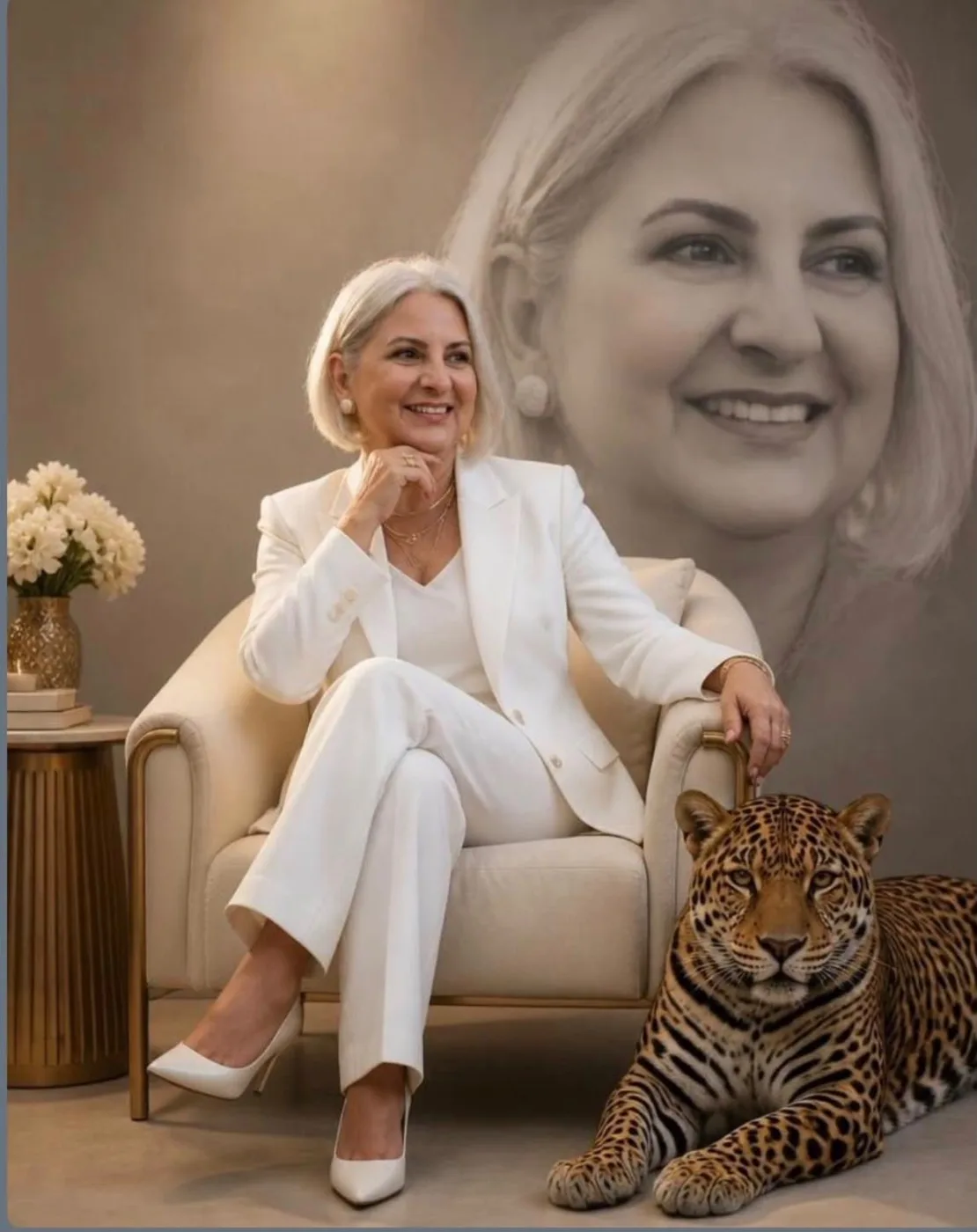 Denise sentada numa poltrona clara, de terno branco, sorrindo